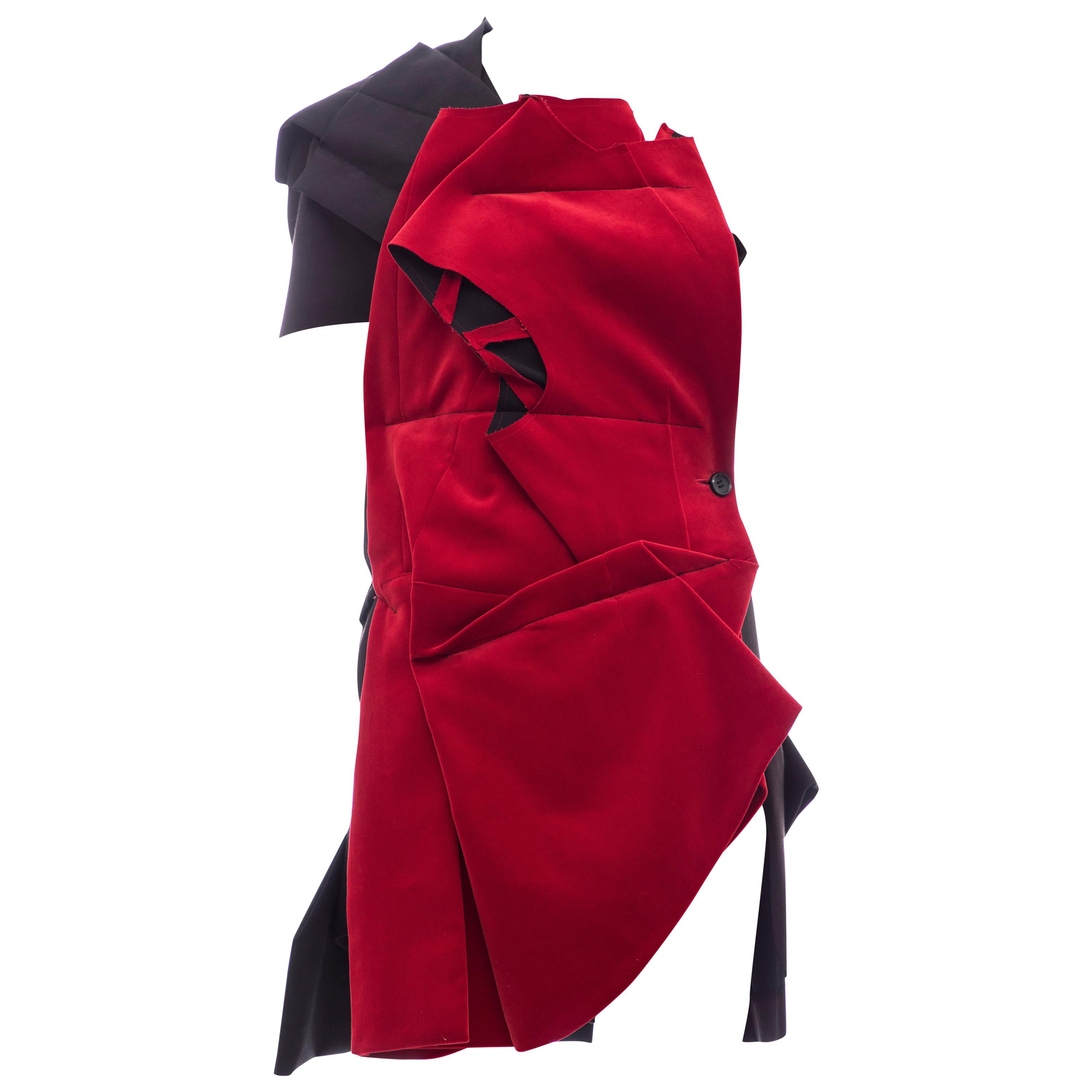 Comme Des Garcons Runway Black Cotton Linen Wool Red Velvet Jacket, Spring 2013