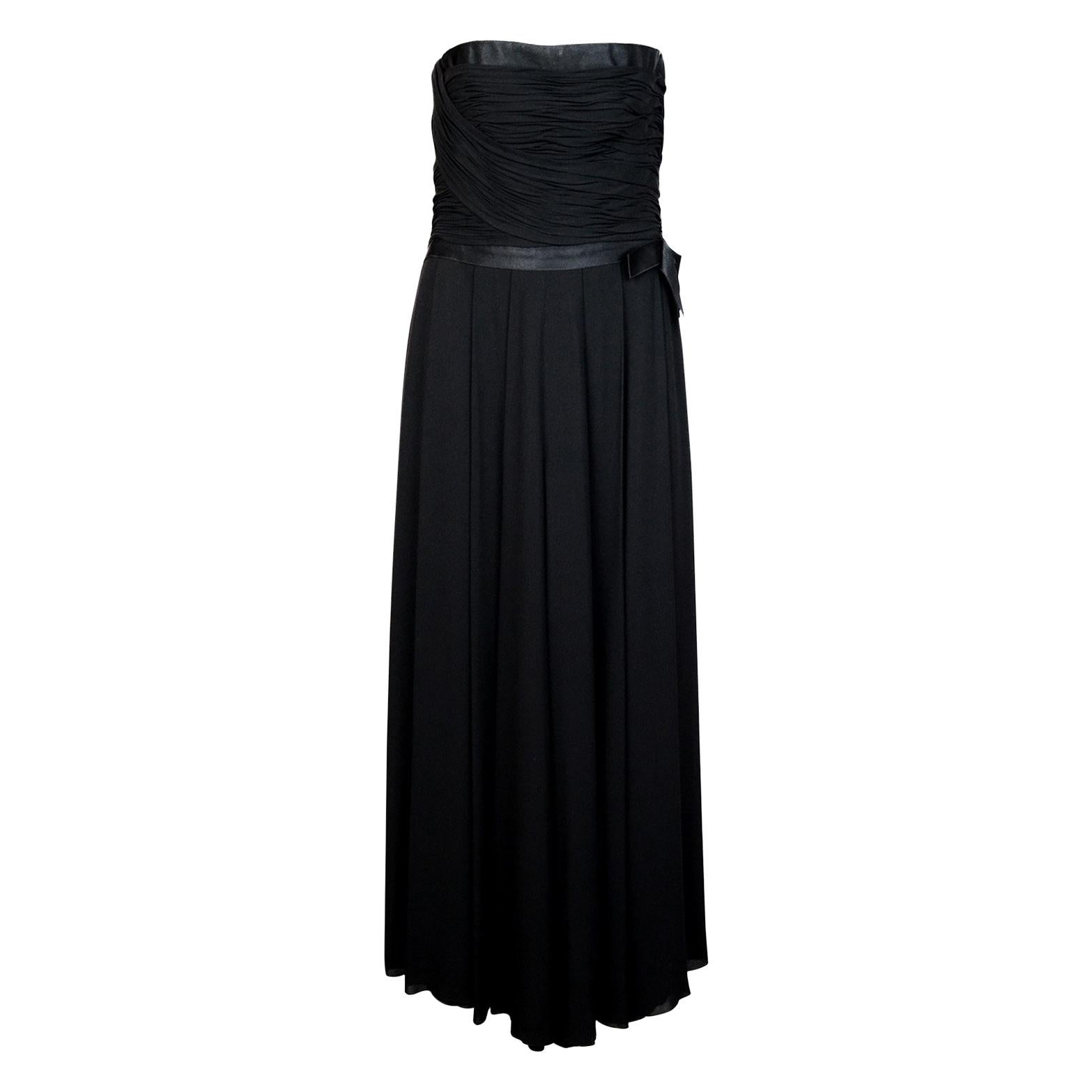 Chanel Black Silk Vintage Gown w/ CC Pearl Button Back Sz 38