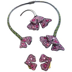 Signed Kenneth Jay Lane Pink & Green Crystals Necklace, Earrings & Brooch