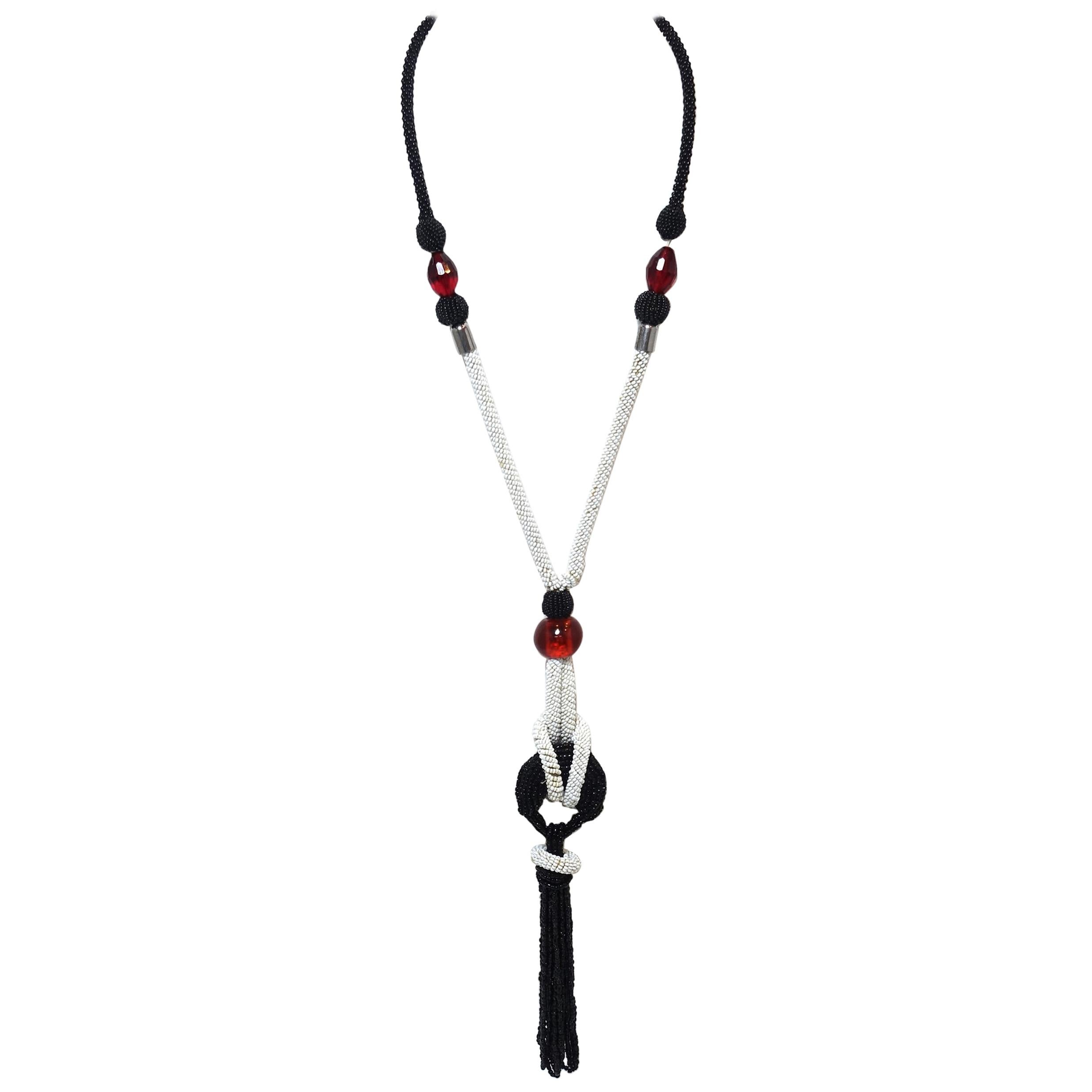 Vintage Flapper 1920s Black, White & Red Beaded Tassel Necklace For Sale