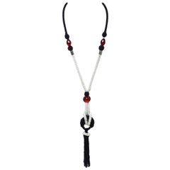 Antique Flapper 1920s Black, White & Red Beaded Tassel Necklace