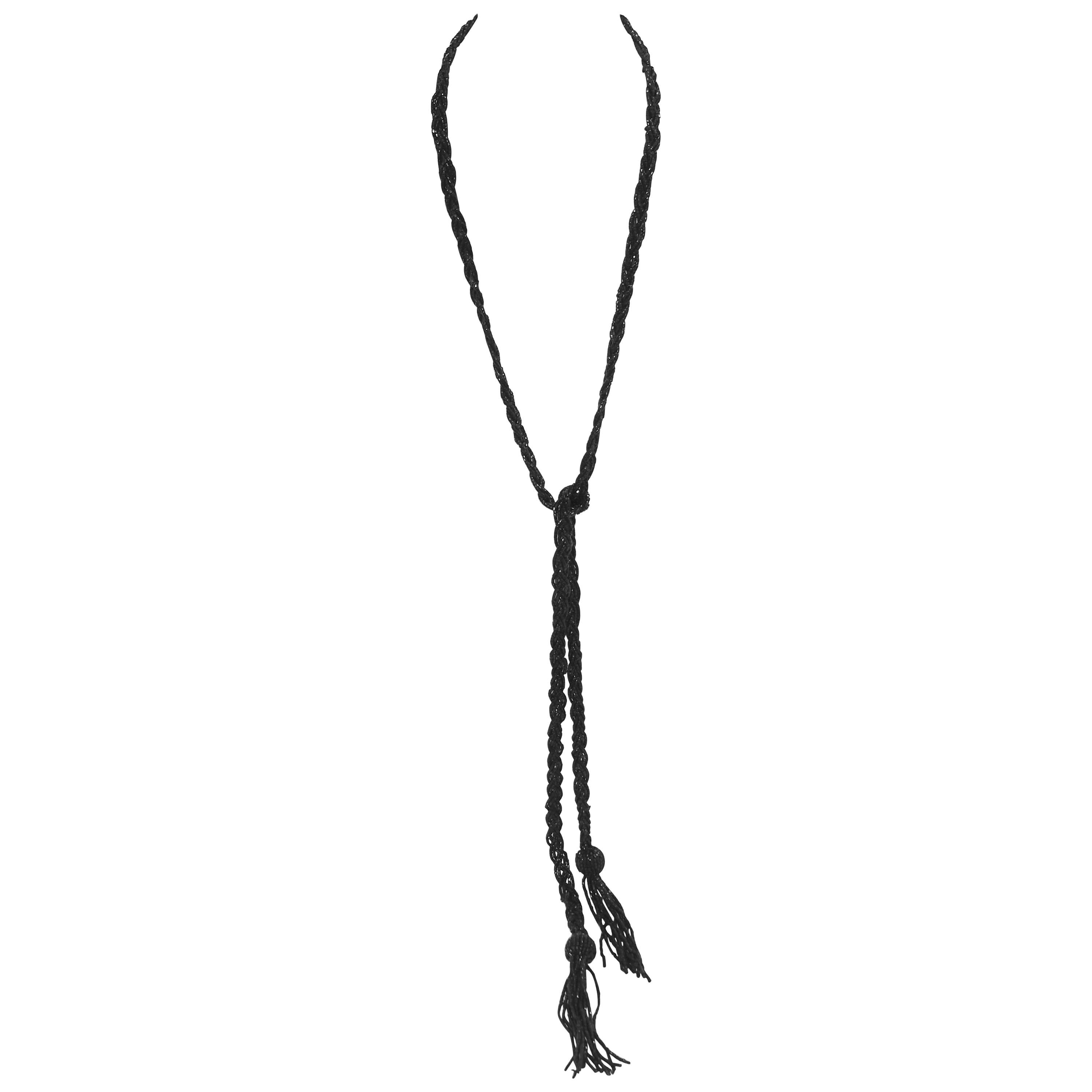 Vintage Art Deco 1920s Black Bead Torsade Tassels Necklace For Sale