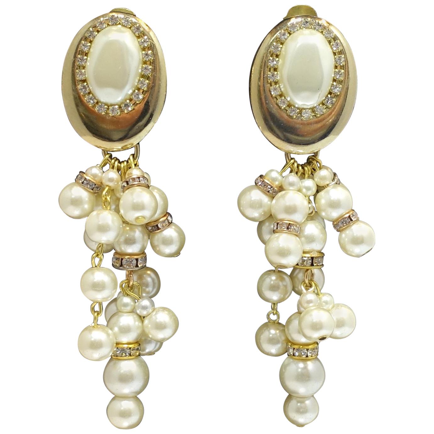 Vintage Signed DeMario Faux Pearl Drop Earrings For Sale