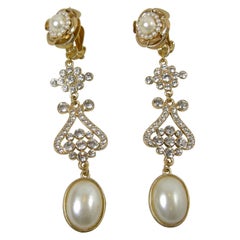 Vintage Liz Claiborne 4“ Faux Pearl and Rhinestone Dangling Earrings