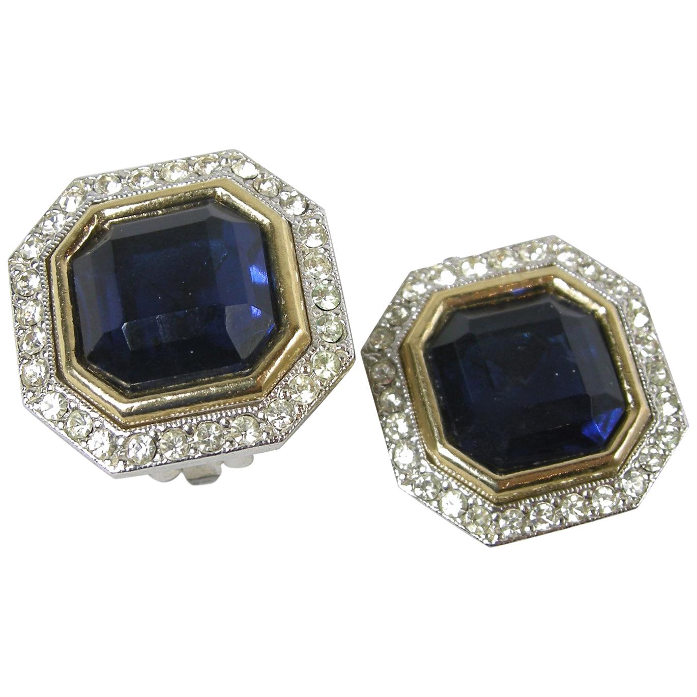 Vintage Rhinestone Hexagon Royal Blue Earrings