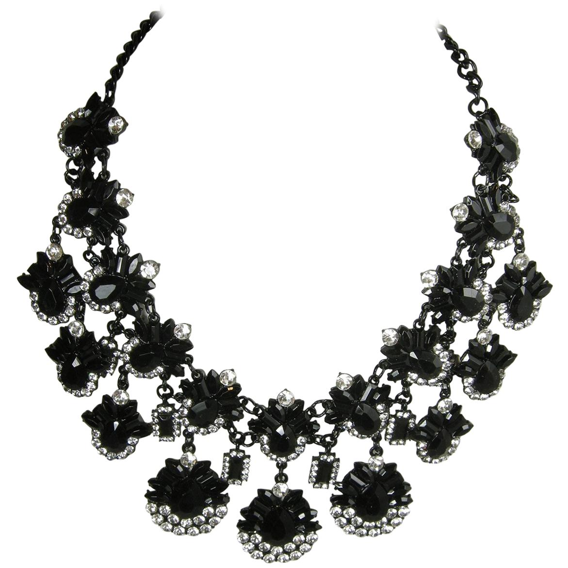 Oscar de la Renta Black Teardrop Rhinestone Bib Necklace For Sale