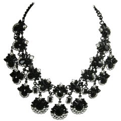Oscar de la Renta Black Teardrop Rhinestone Bib Necklace