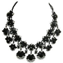 Oscar de la Renta Black Teardrop Rhinestone Bib Necklace 