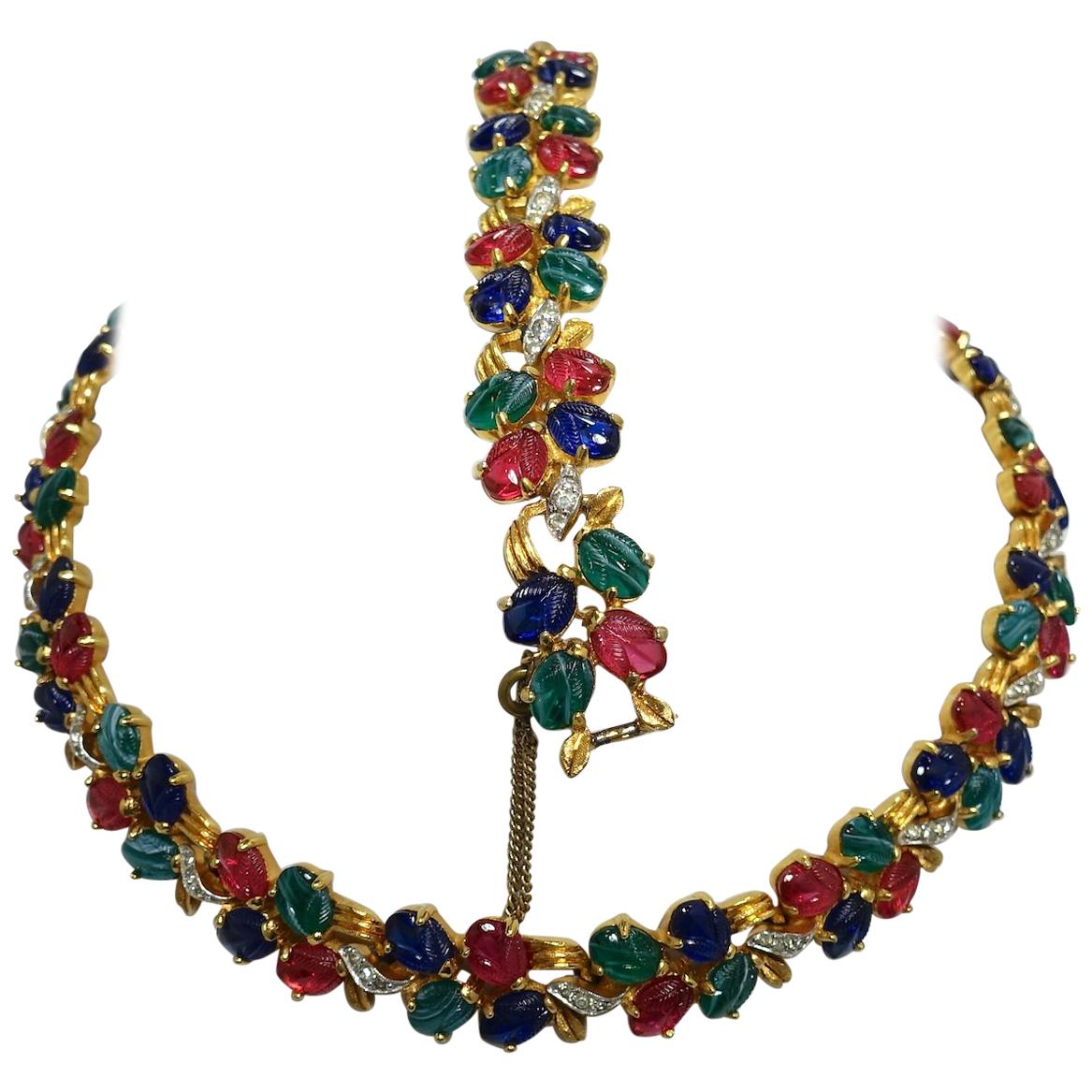 Tutti-Frutti Glass Stone Vintage Necklace and Bracelet For Sale