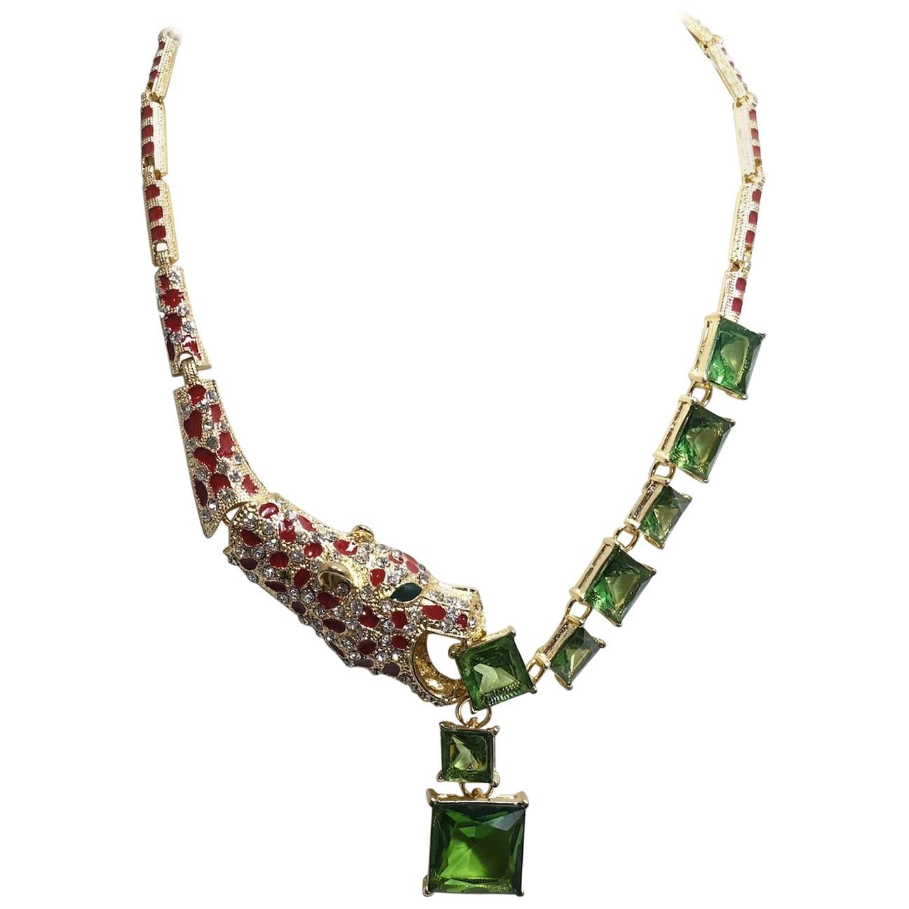 Unusual Leopard with Green, Red & Clear Crystals Necklace