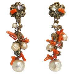 Miriam Haskell Early Vintage Coral and Faux Pearl Drop Earrings