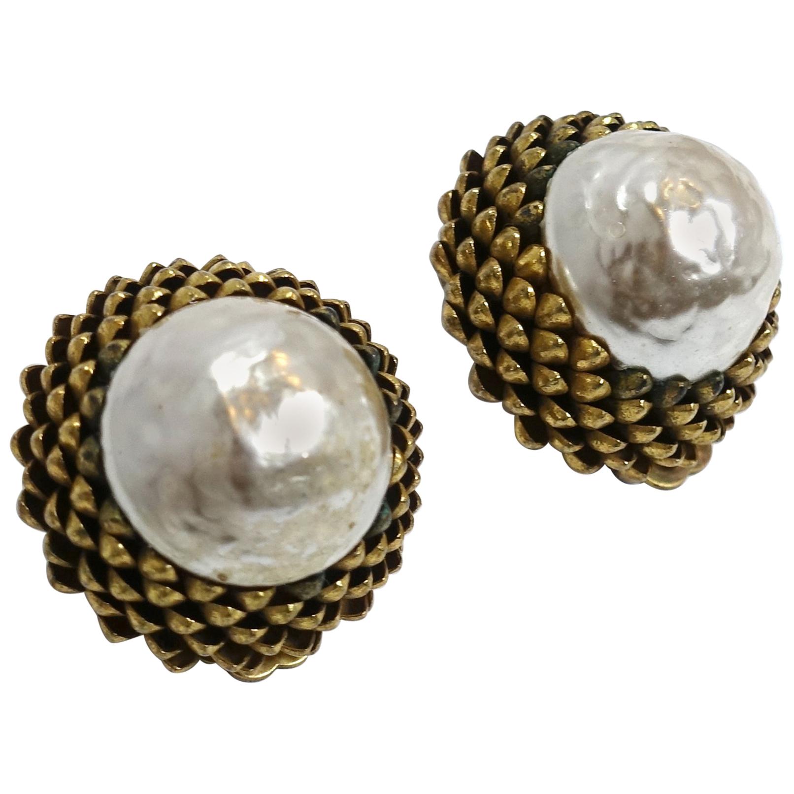 Vintage Famous Large Miriam Haskell Faux Pearl Acorn Earrings