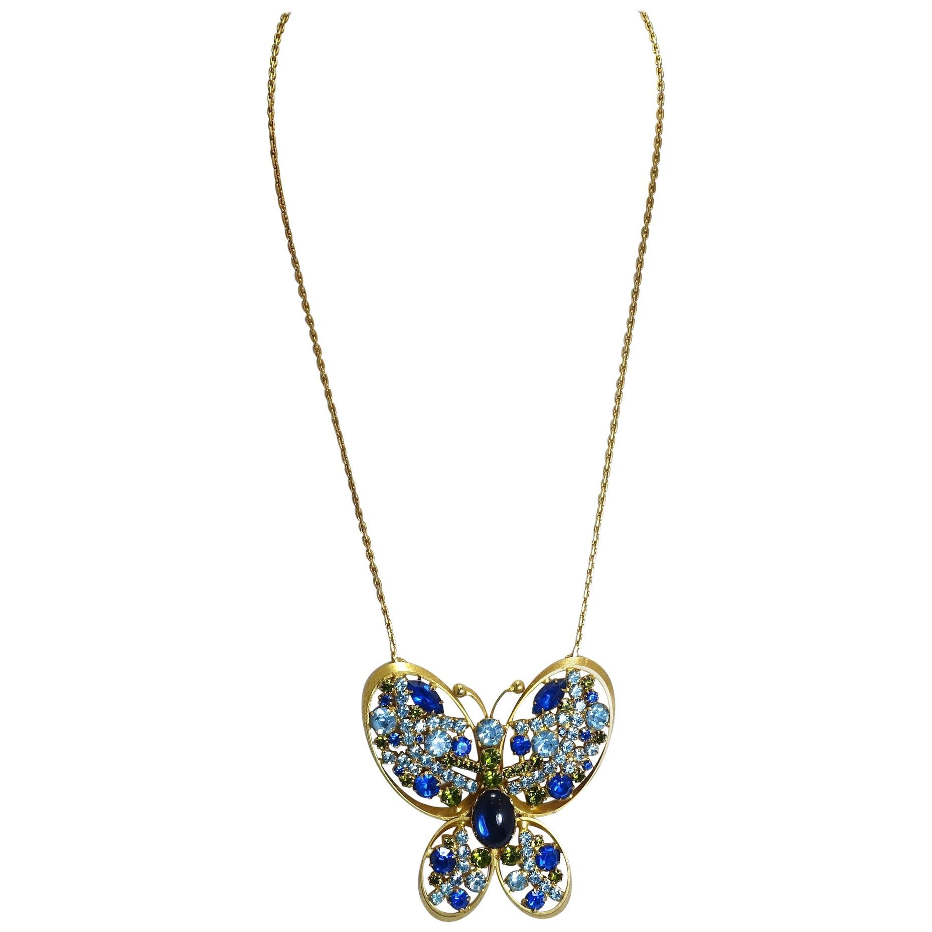 Vintage Large Butterfly With Blue Crystals Necklace For Sale