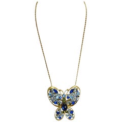 Vintage Large Butterfly With Blue Crystals Necklace