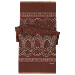 LOEWE Brown Wool Silk Floral Paisley Fringe Oblong Scarf / Shawl