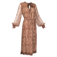 Treacy Lowe Bohemian Brown Ethnic Keyhole Smocked Silk Midi Dress - M-L, 1970s