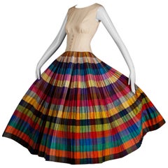 Nina Ricci Vintage Silk Pleated Striped Dress with a Full Sweep, 1950s