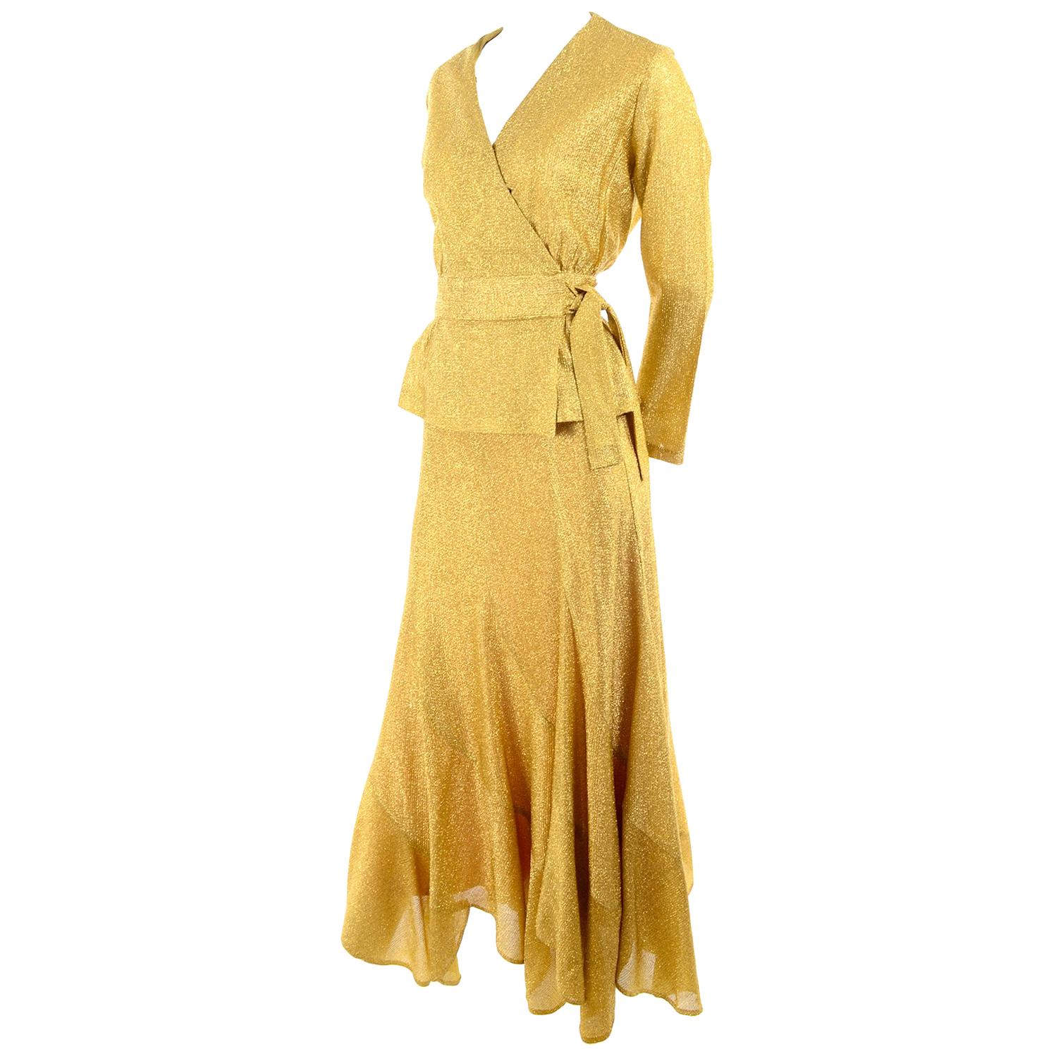 Beverly Paige Gold Lurex Evening Dress 2 pc With Long Bias Cut Skirt, 1970s