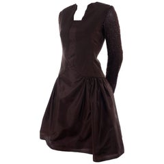 Richilene Vintage Brown Silk and Taffeta Dress With Long Beaded Sleeves, 1980s