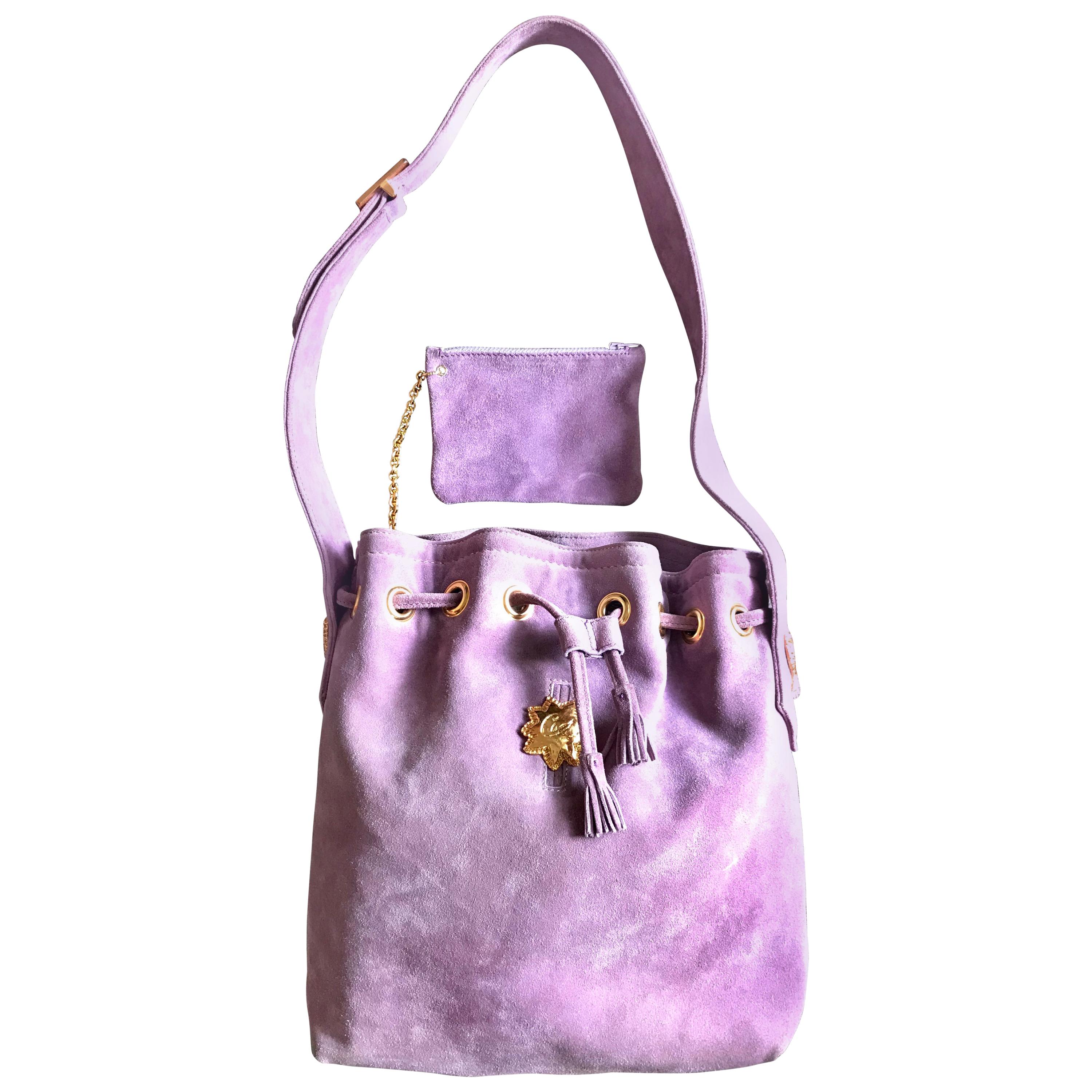 Christian Lacroix Vintage purple suede hobo bucket shoulder bag with gold motifs For Sale