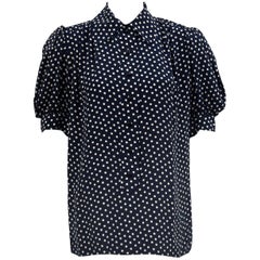 1980's YSL/Saint Laurent Navy & White Silk Polka Dot  Blouse