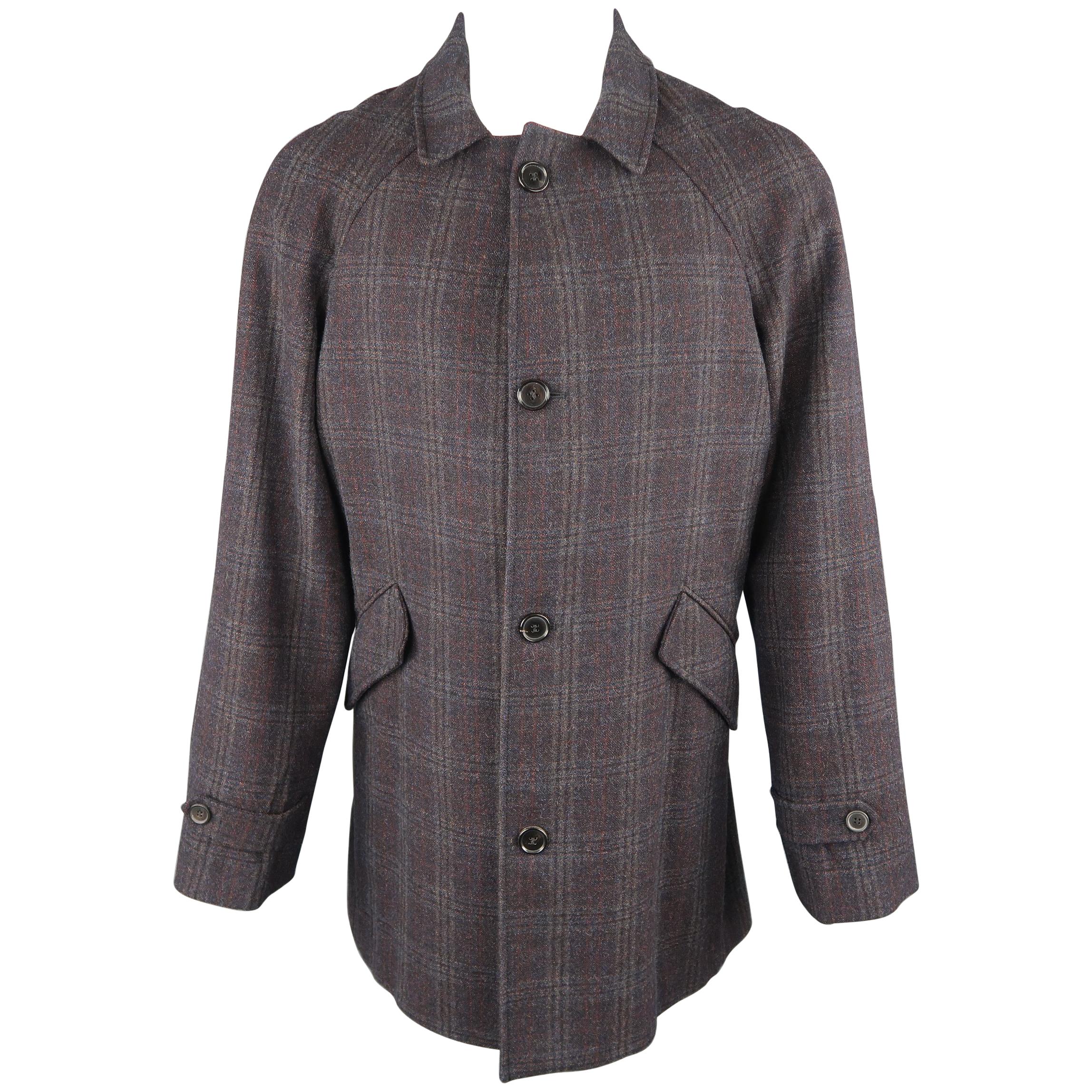 Billy Reid Charcoal Plaid Wool Blend Raglan Sleeve Coat