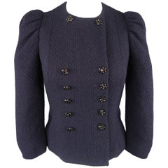 Moschino Navy Boucle Rhinestone Button Puff Sleeve Jacket