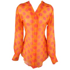 Versace Classic Orange and Pink Polka Dot Silk Blouse