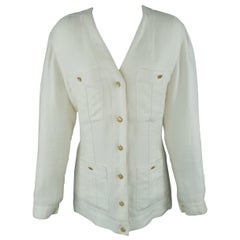 Chanel White Linen Jacket with Gold Logo Buttons and Black & White Trim