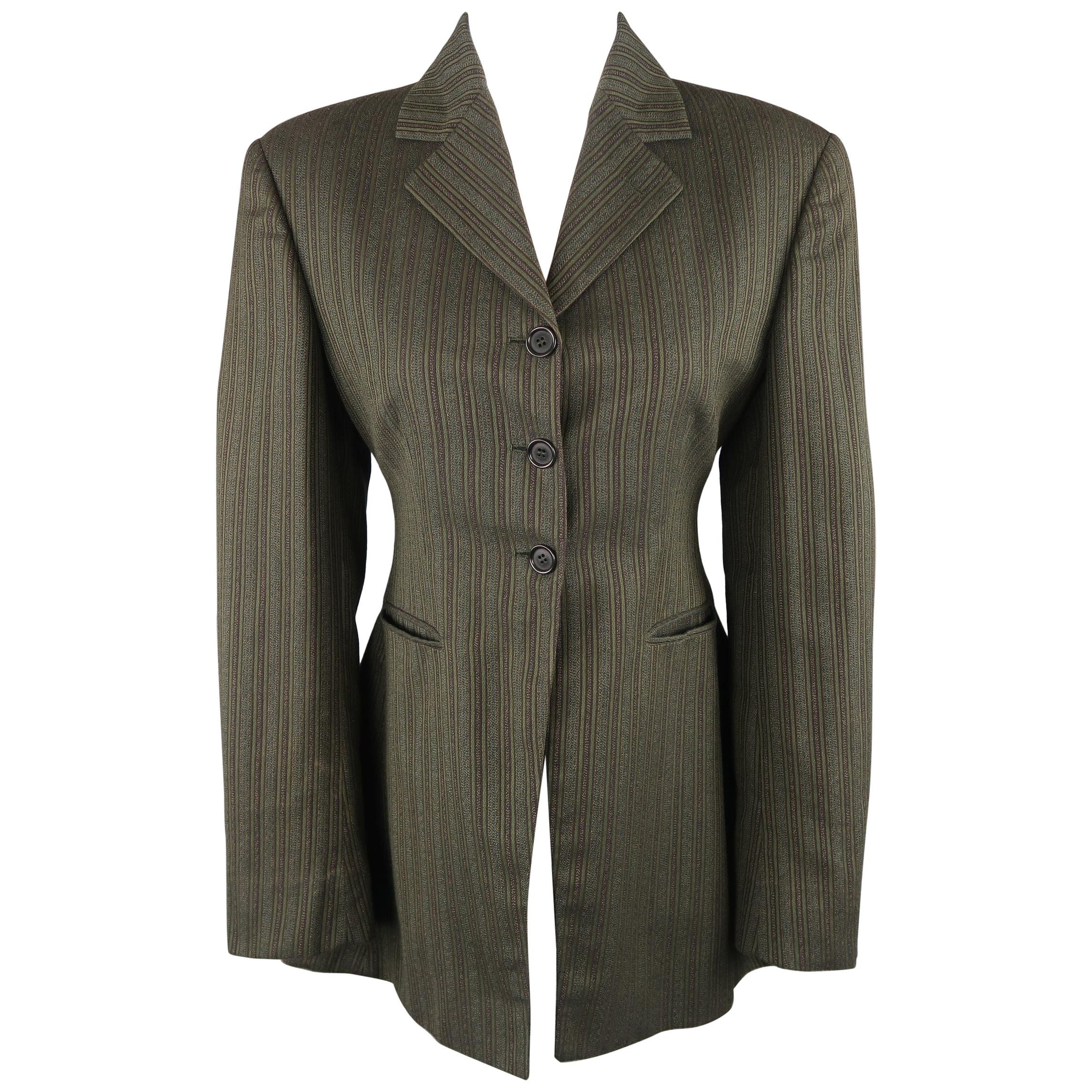 Romeo Gigli Green and Brown Striped Cotton Cascade Peplum Jacket