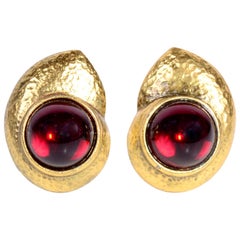 Yves Saint Laurent YSL Vintage Pierced Earrings With Red Cabochons in Gold Metal