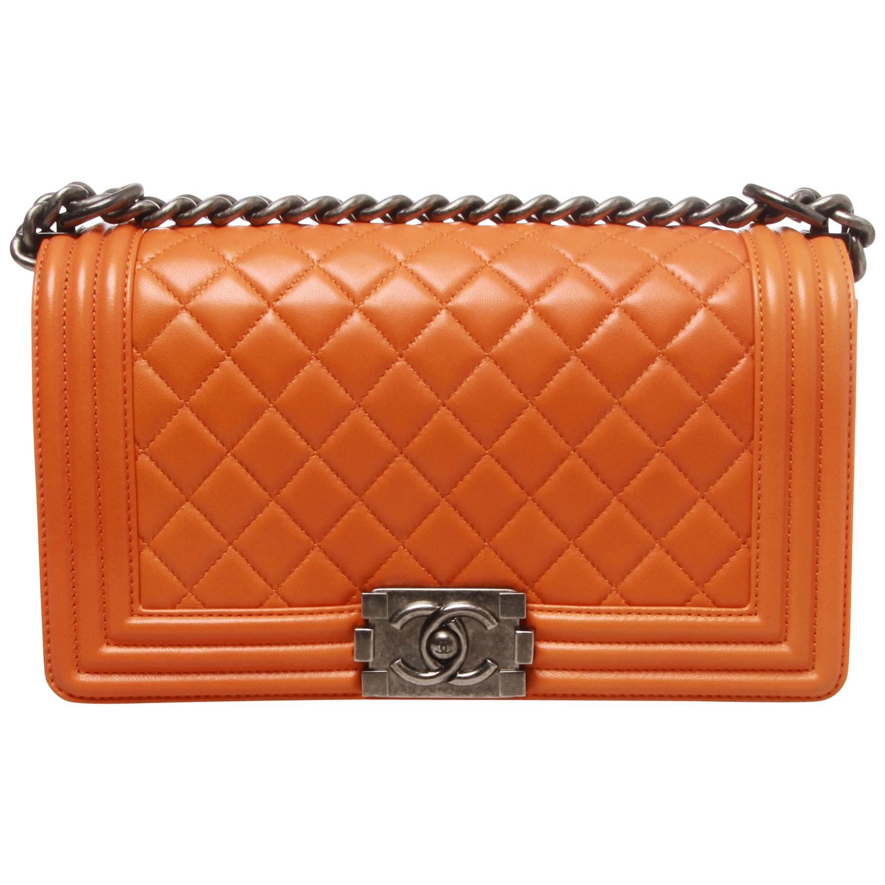 Chanel medium lambskin quilted boy bag at 1stDibs  orange chanel boy bag, chanel  boy bag orange, orange chanel bag