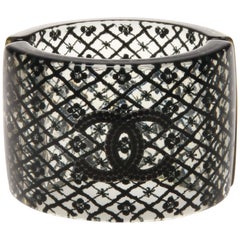 Chanel large black floral / pearl cuff with black CC logo