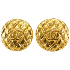 Vintage Chanel Gold-Plated Quilted Logo Earrings, 1988 