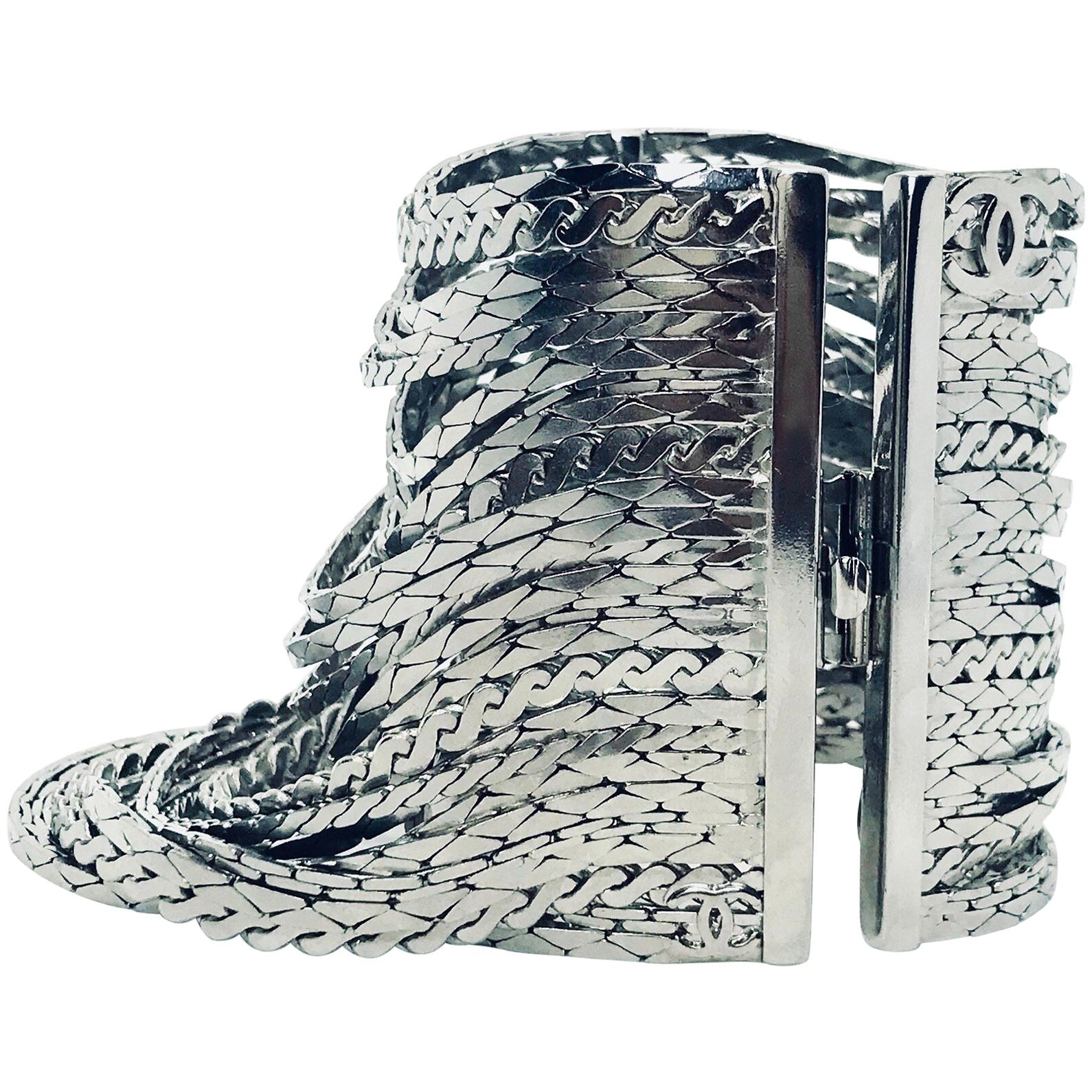 Chanel 90s Silver Plated Multi Strand Cuff Bracelet