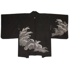 Black Silk Vintage Kimono with Wave detail, 1980s 