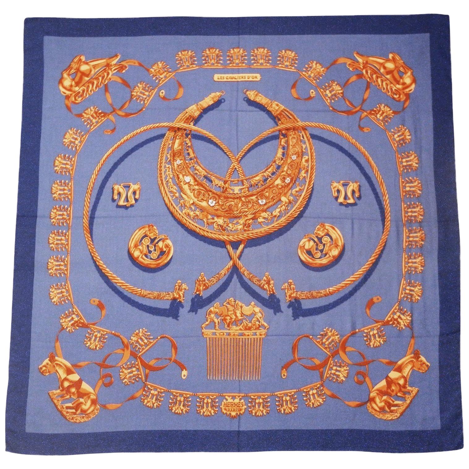 Hermes by Vladimir Rybaltchenko Blue and Gold Tone Les Cavaliers D
Or Shawl