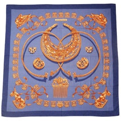 Vintage Hermes by Vladimir Rybaltchenko Blue and Gold Tone Les Cavaliers D'Or Shawl