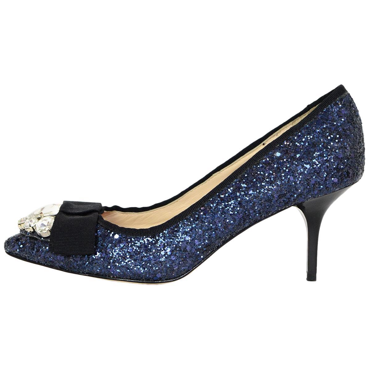 Lucy Choi Royal Navy Blue Glitter Pointed Toe Pumps W/ Bow & Crystals Sz 6