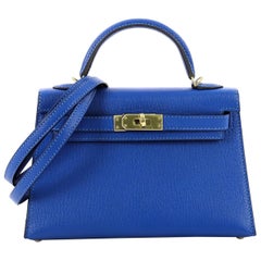 Hermes Kelly Mini II Handbag Blue Hydra Chevre Mysore with Gold Hardware 20 