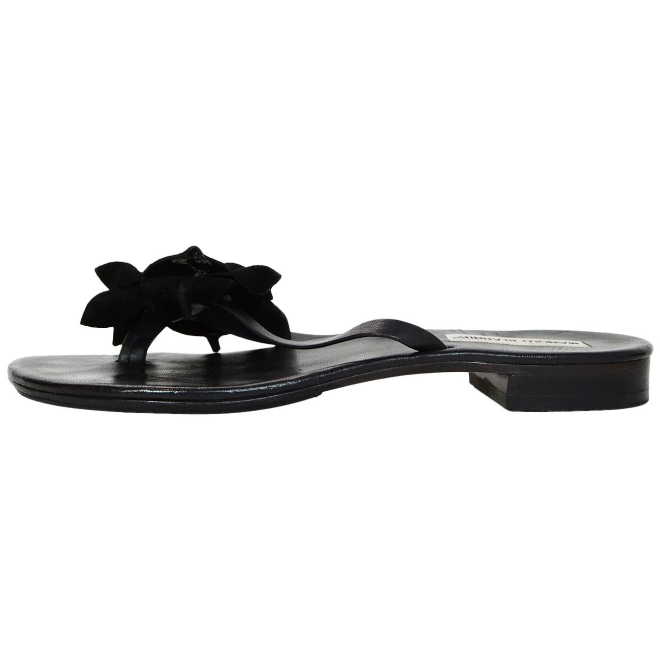 Manolo Blahnik Black Leather Thong Sandals W/ Suede Flower Sz 40