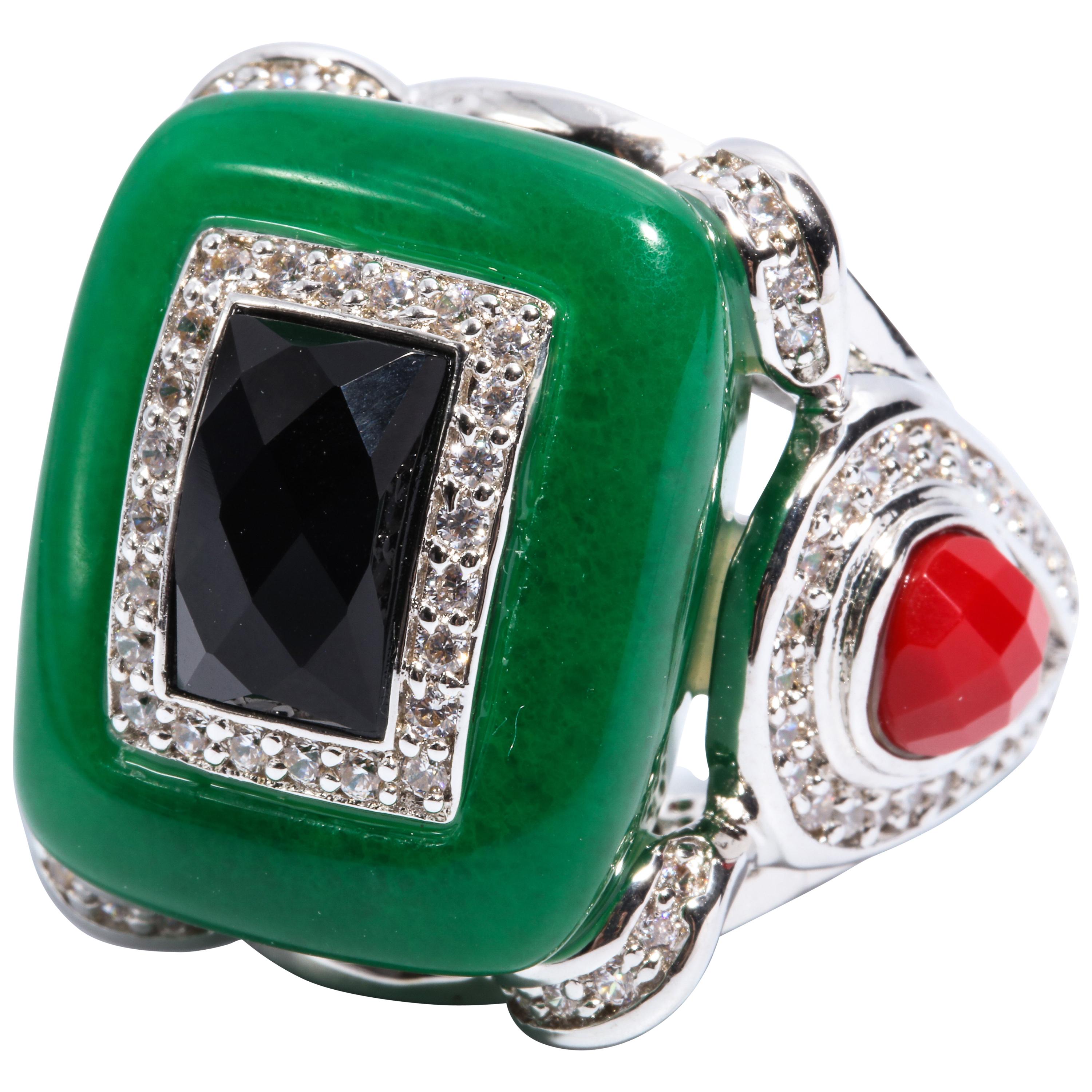 Art Deco Style Faux Jade Onyx Coral  Cubic Zirconia Large Statement Ring