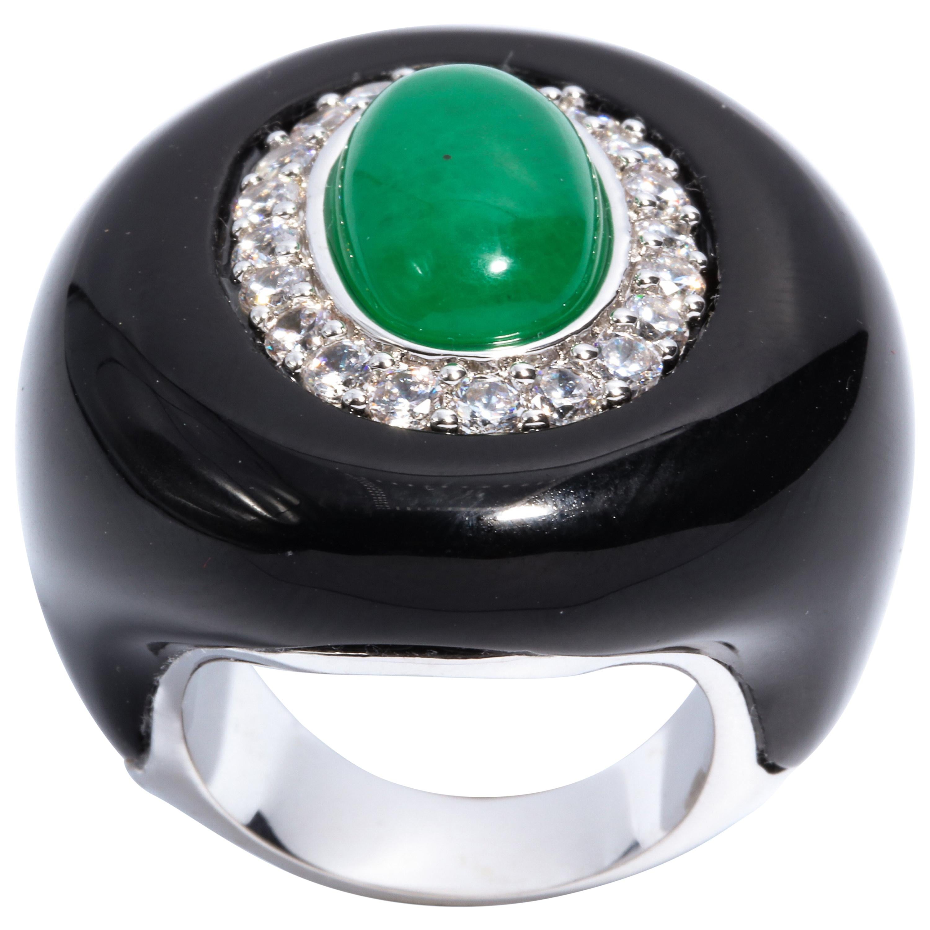 Art Deco Style Palm Beach Faux Diamond Jade Onyx Large Statement Ring