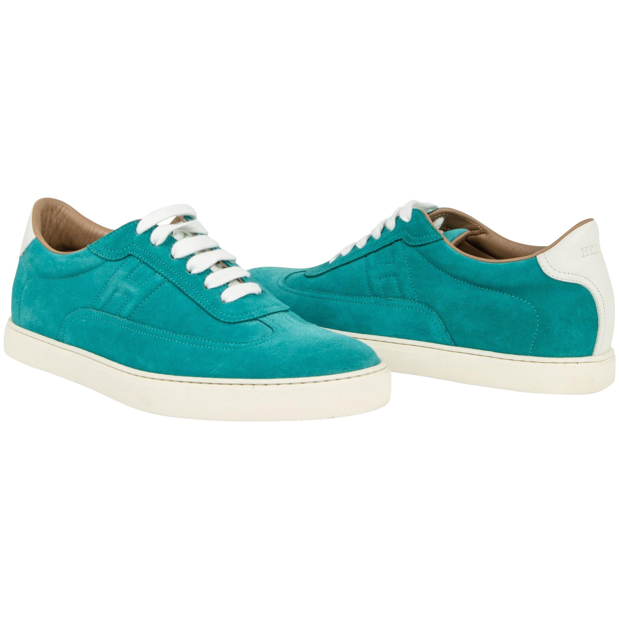 Hermes Shoe Men's Sneaker Blue Paon and White Suede  42.5