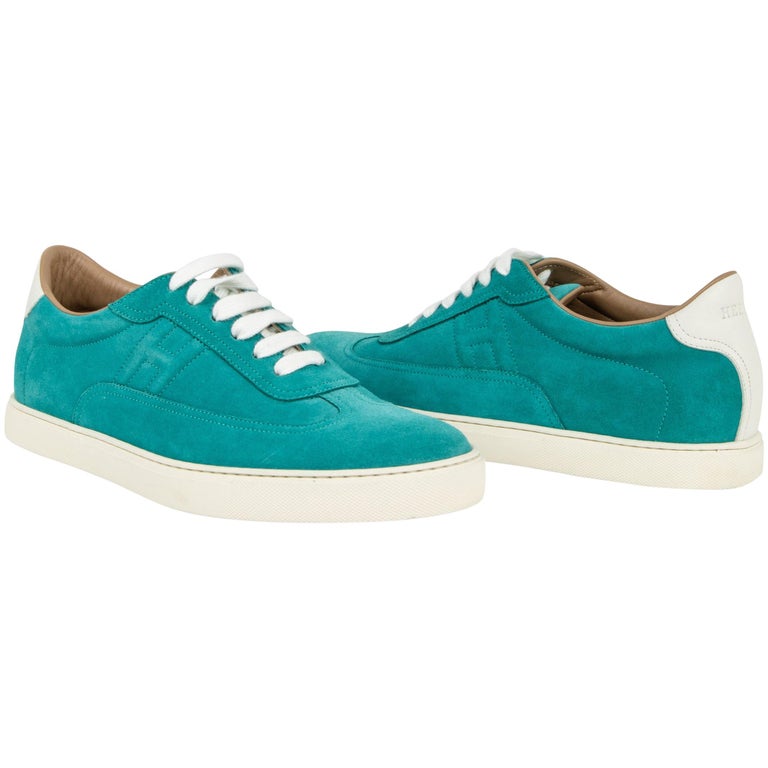 Hermes Shoe Men's Sneaker Blue Paon and White Suede 42.5 at 1stDibs