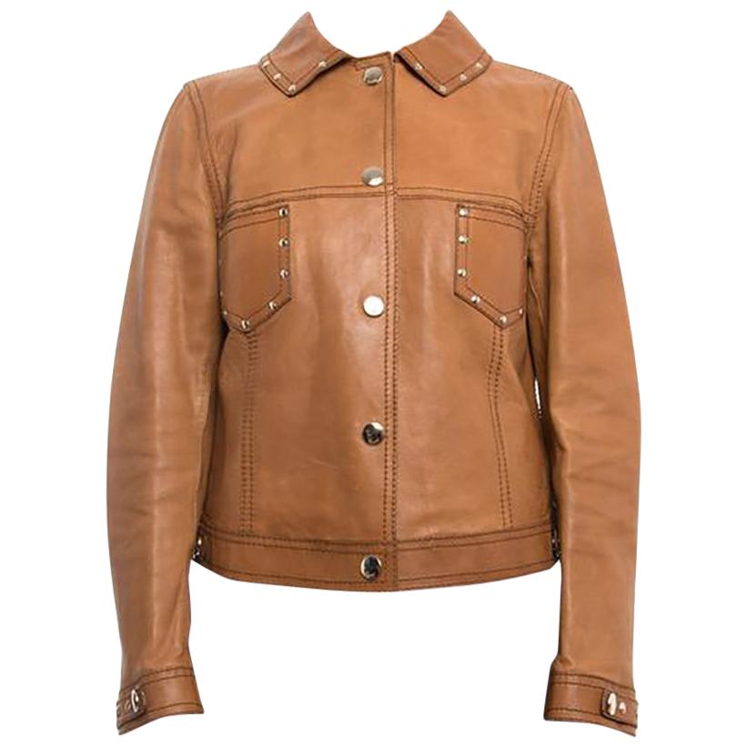 Gucci Tan Brown Leather 1970s Style Snap Jacket with Studs, circa 2010