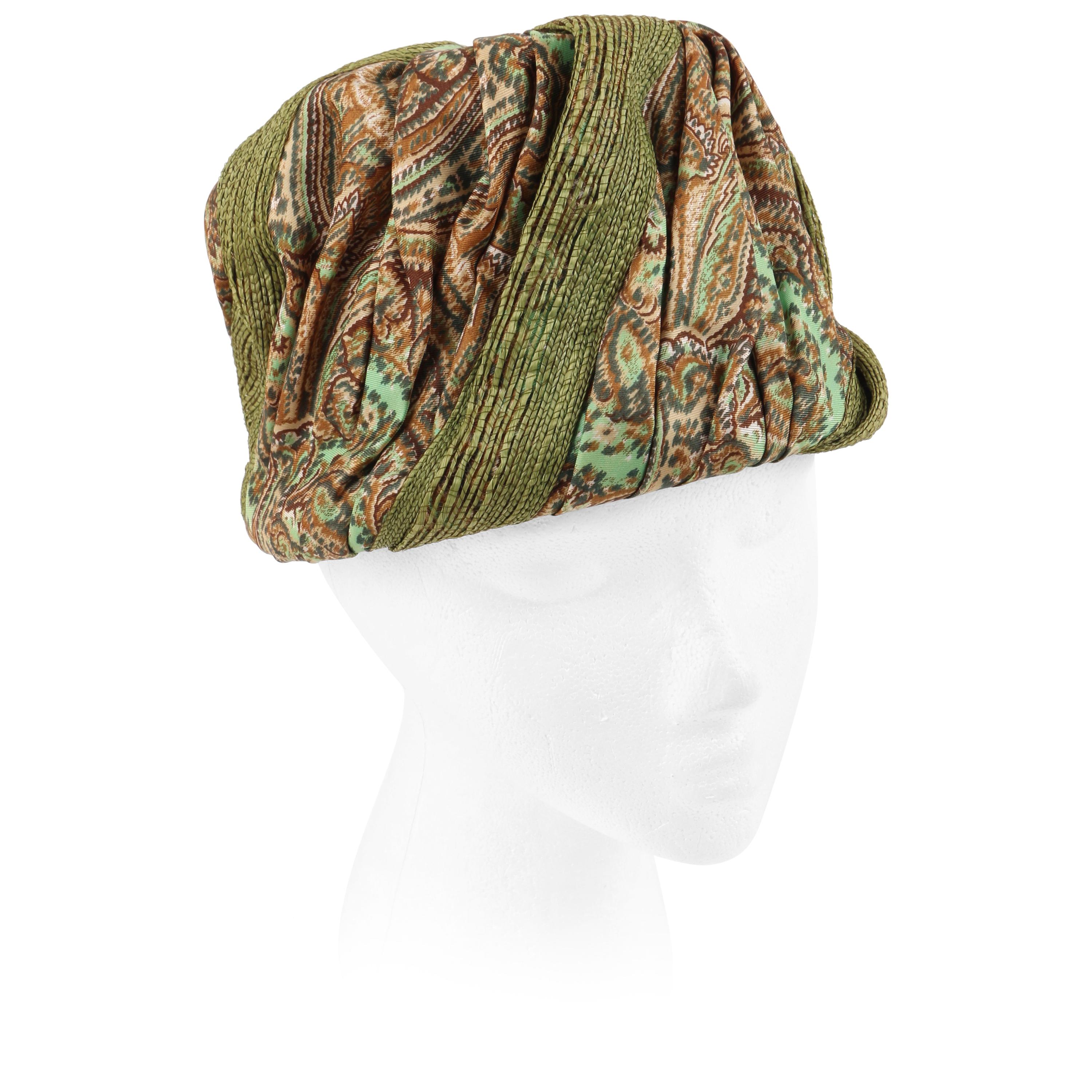 Miss Dior by CHRISTIAN DIOR c.1960s Green Paisley Silk & Straw Pleated Toque Hat