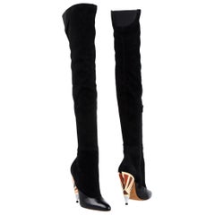 Givenchy Black Suede Enameled Gold Metal Cone Heels Over the Knee Boots 