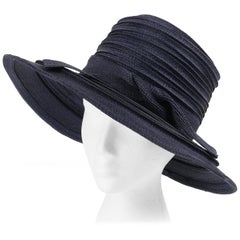 CHRISTIAN DIOR Chapeaux c.1960's Navy Blue Raffia Twisted Bow Cartwheel Hat