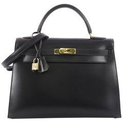 Hermes Blue Marine Box Calf with Gold Hardware 32 Kelly Handbag